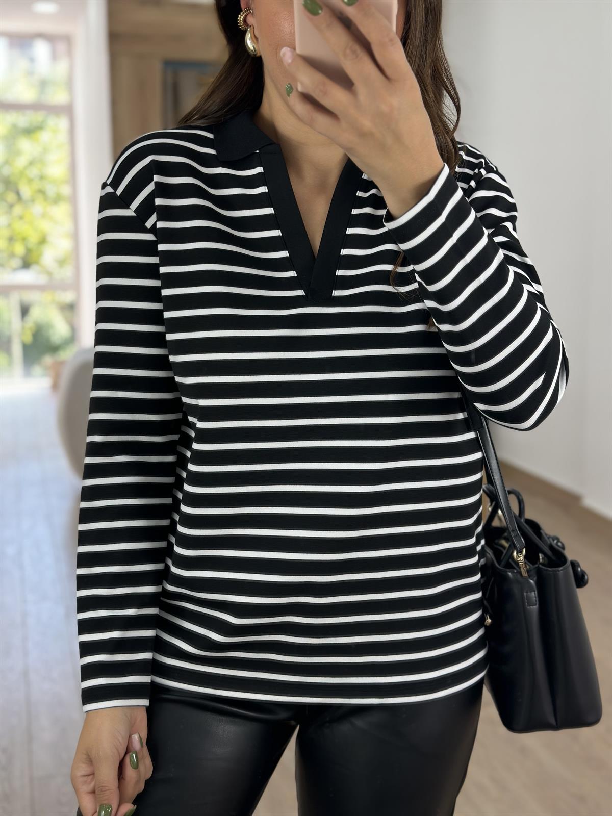 Polo Yaka Çizgili Swetshirt-Siyah