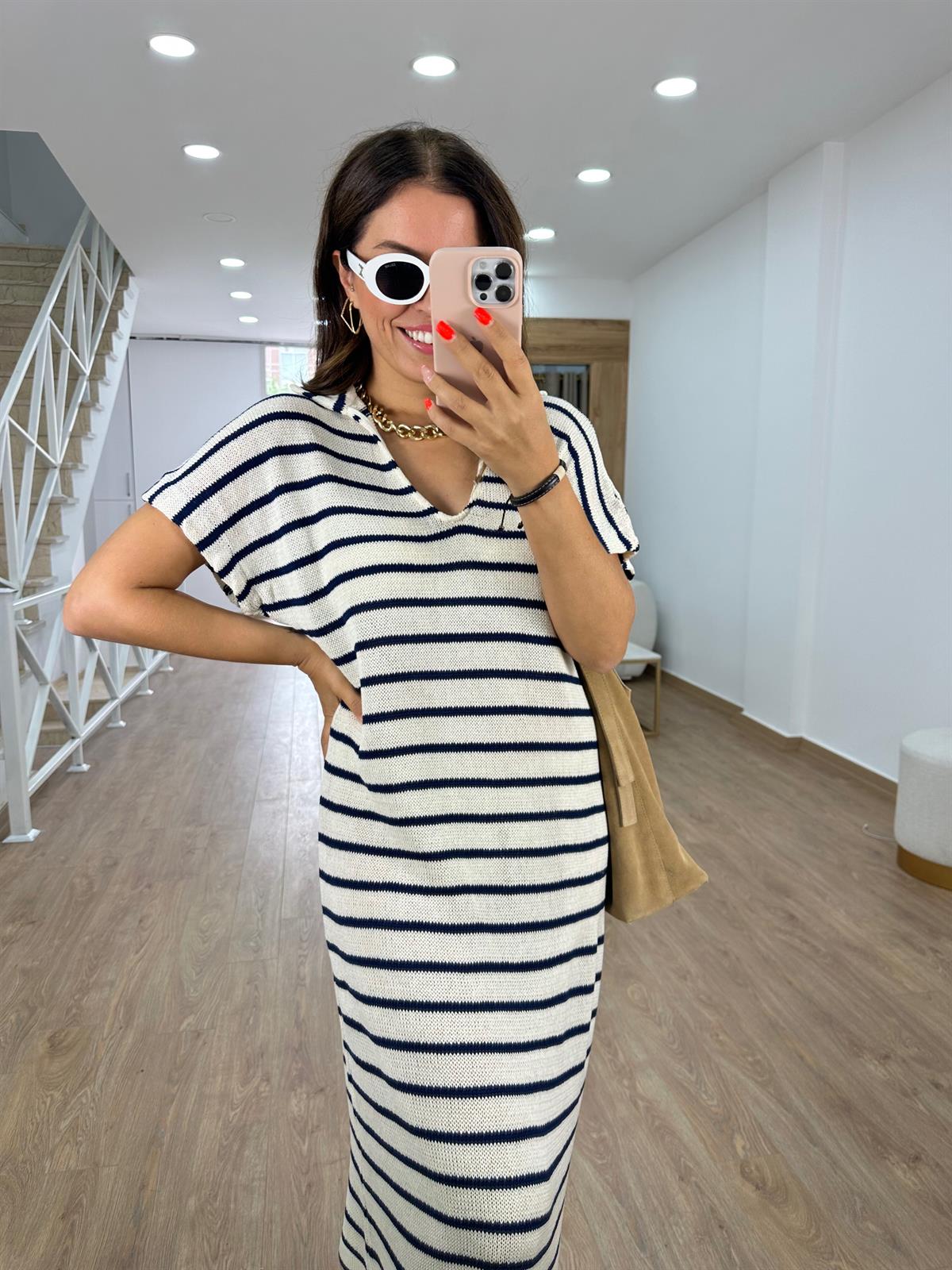 Polo Yaka  Çizgili Triko Elbise-Ekru