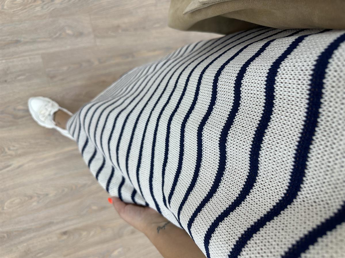 Polo Yaka  Çizgili Triko Elbise-Ekru