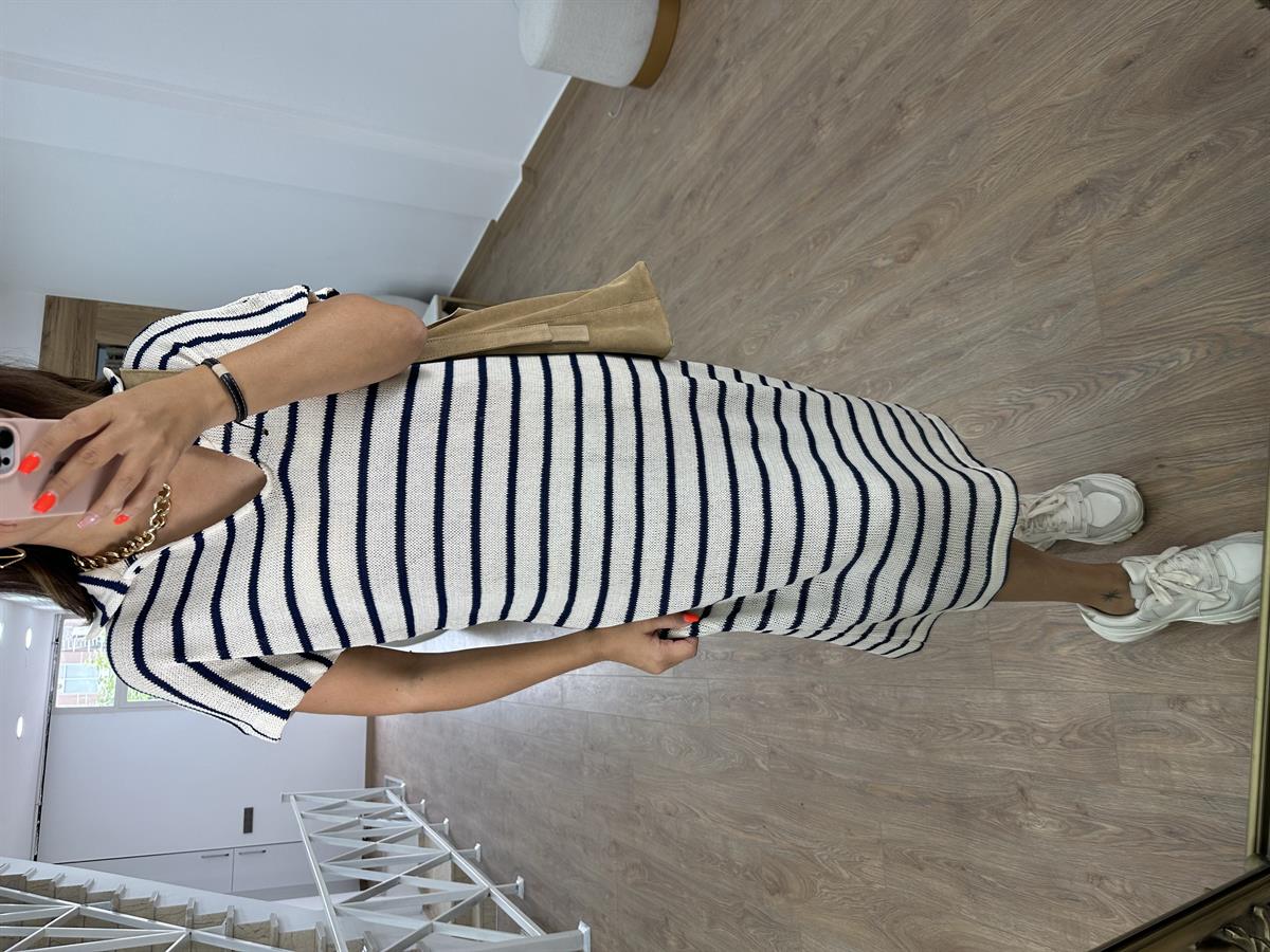 Polo Yaka  Çizgili Triko Elbise-Ekru