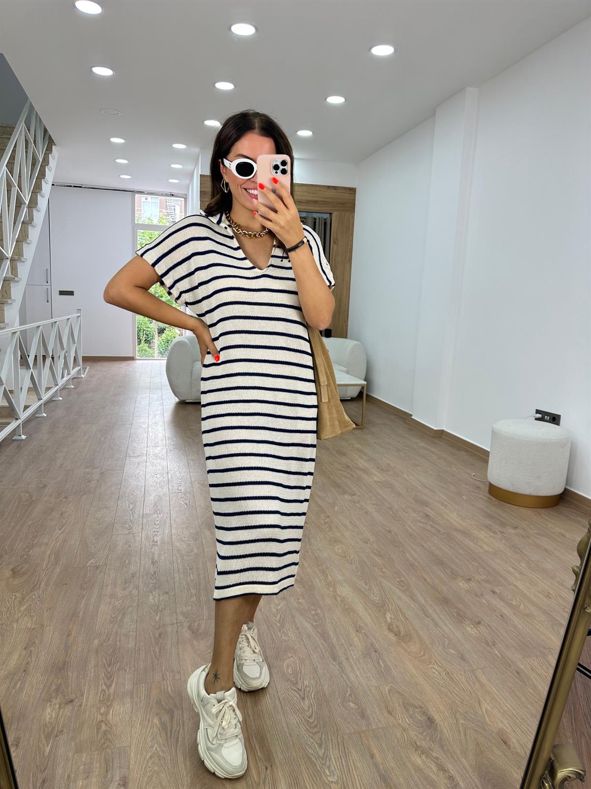 Polo Yaka  Çizgili Triko Elbise-Ekru