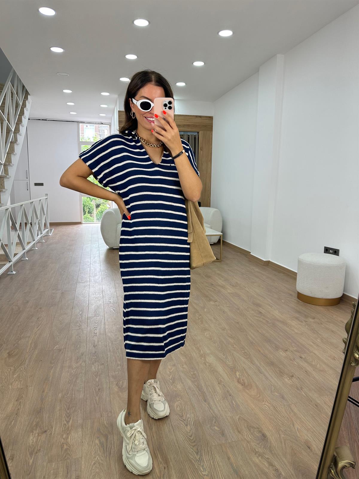 Polo Yaka Çizgili Triko Elbise-Lacivert