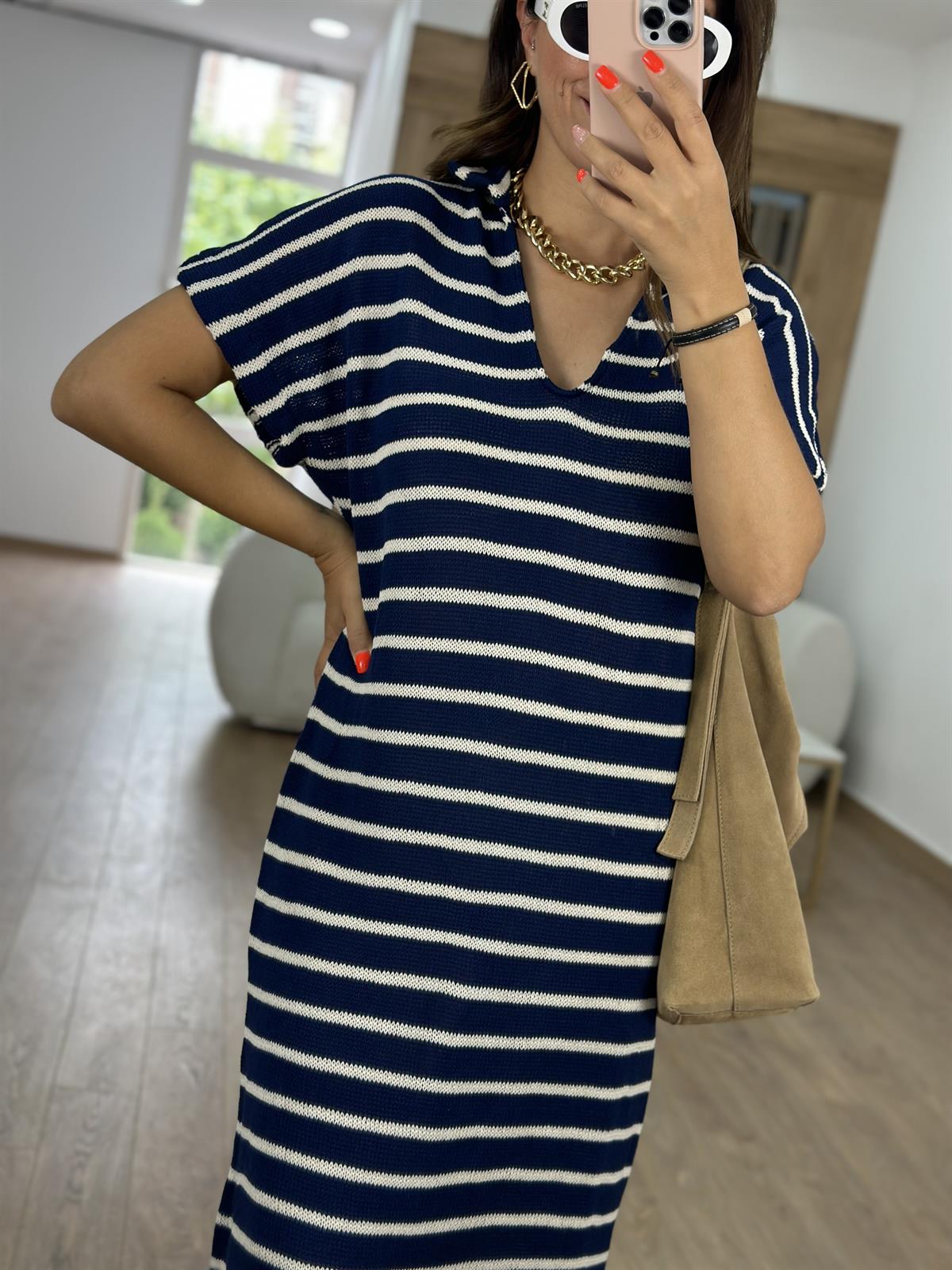 Polo Yaka Çizgili Triko Elbise-Lacivert