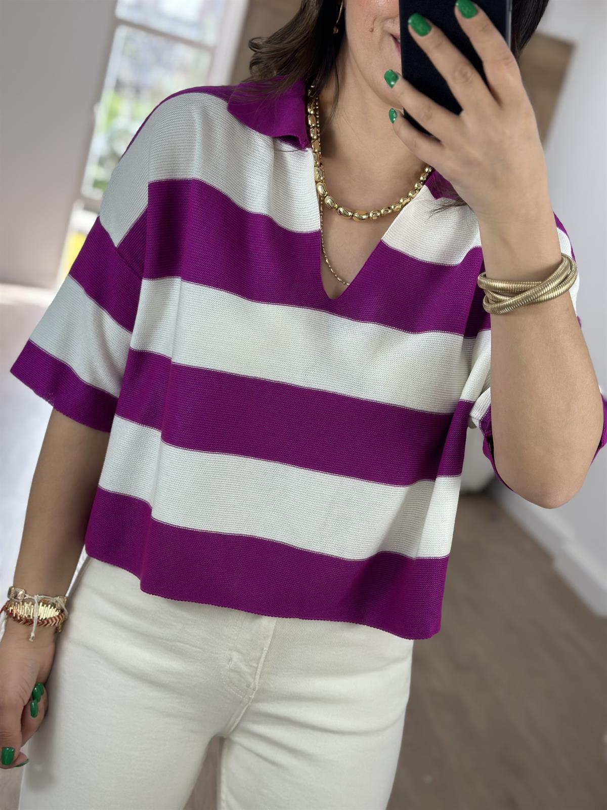 Polo Yaka Çizgili Triko-Fuşya