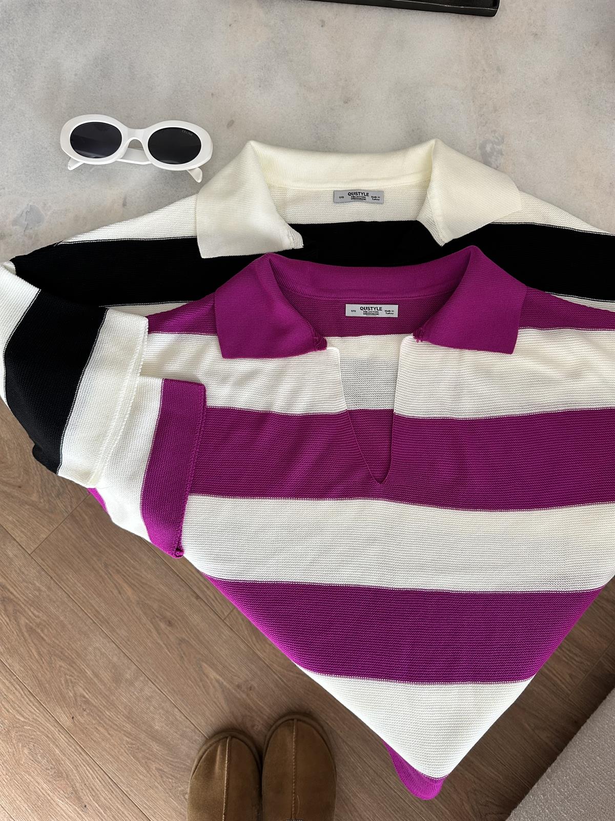 Polo Yaka Çizgili Triko-Fuşya