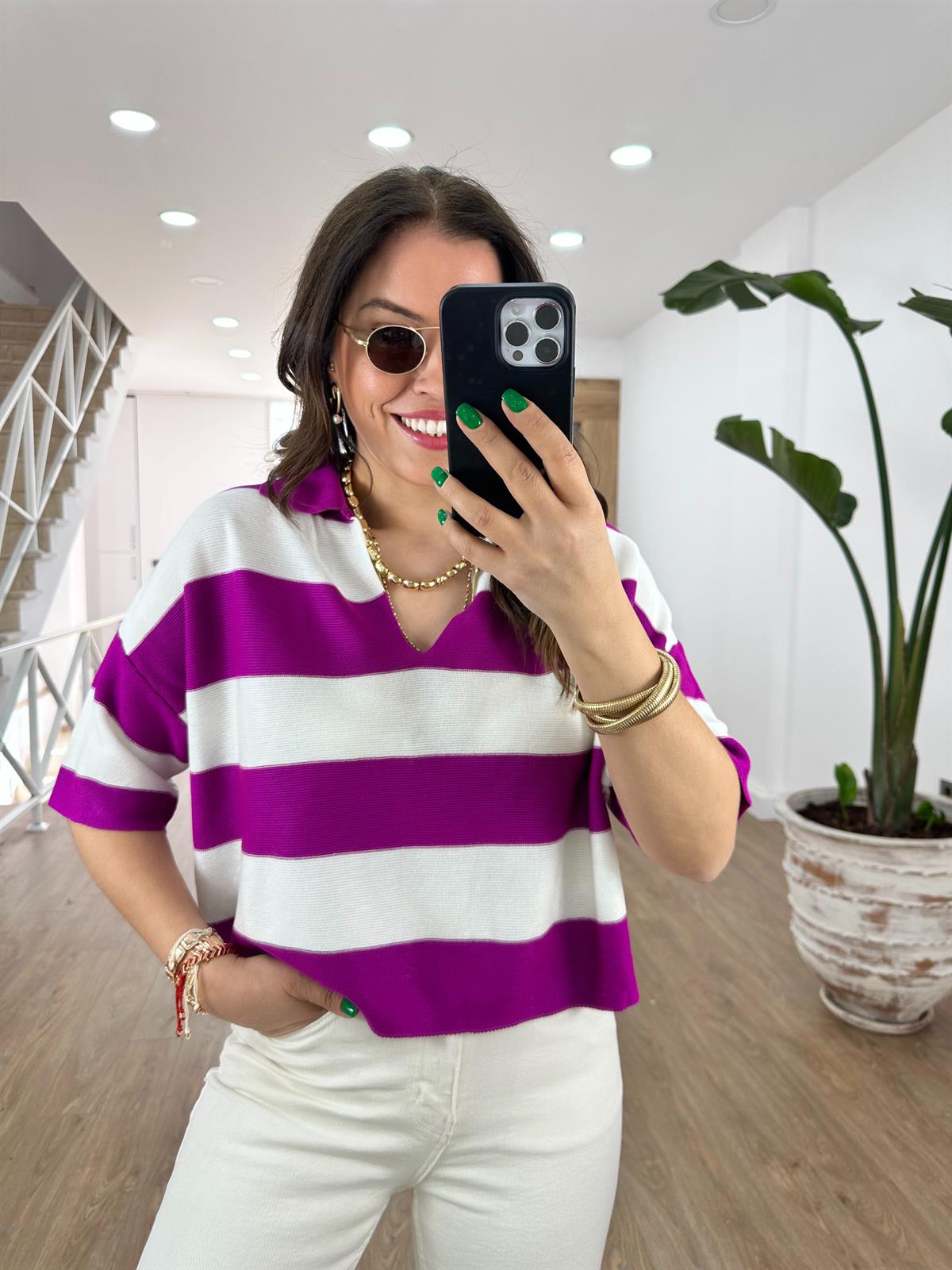 Polo Yaka Çizgili Triko-Fuşya