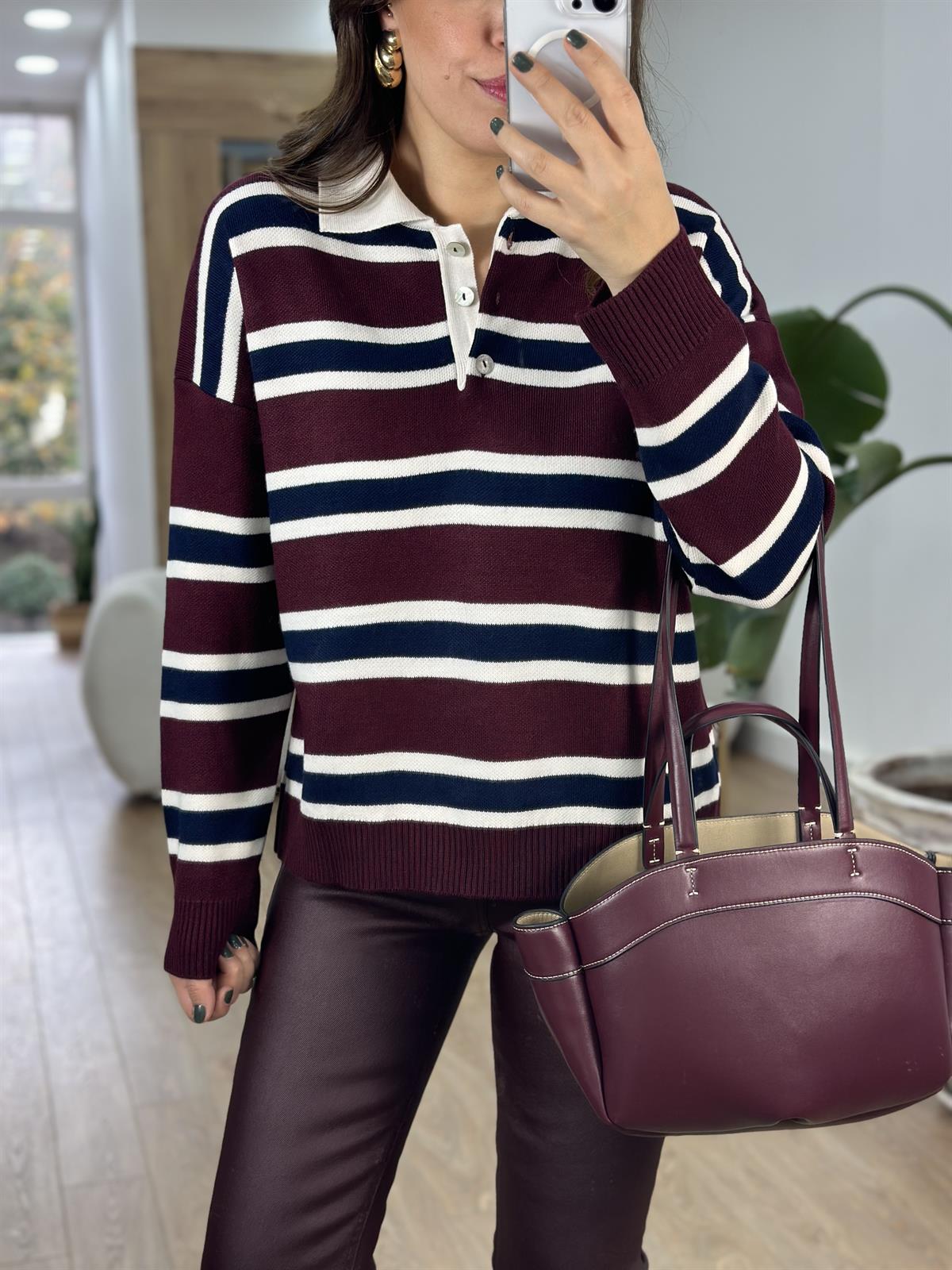 Polo Yaka Çizgili Triko Kazak - Bordo