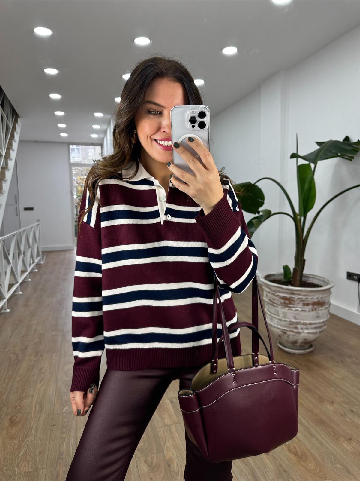 Polo Yaka Çizgili Triko Kazak - Bordo