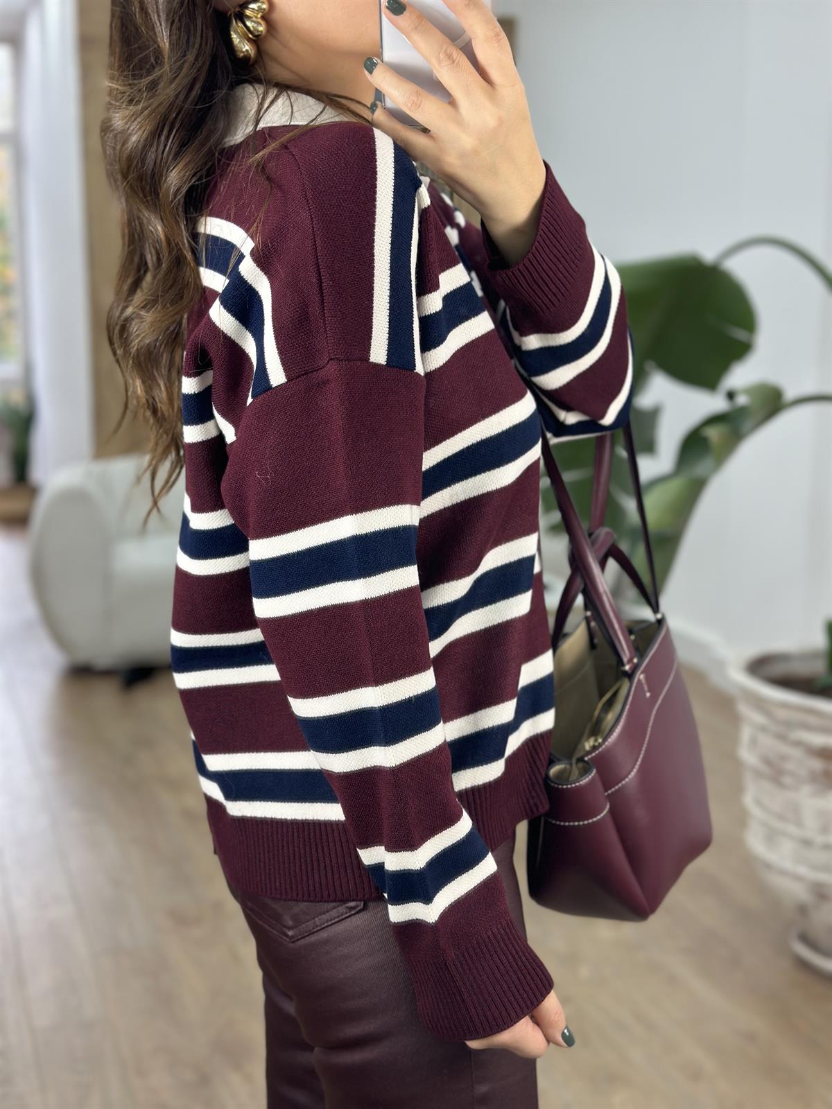 Polo Yaka Çizgili Triko Kazak - Bordo