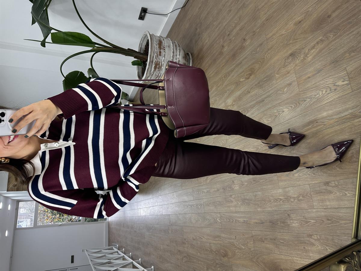 Polo Yaka Çizgili Triko Kazak - Bordo