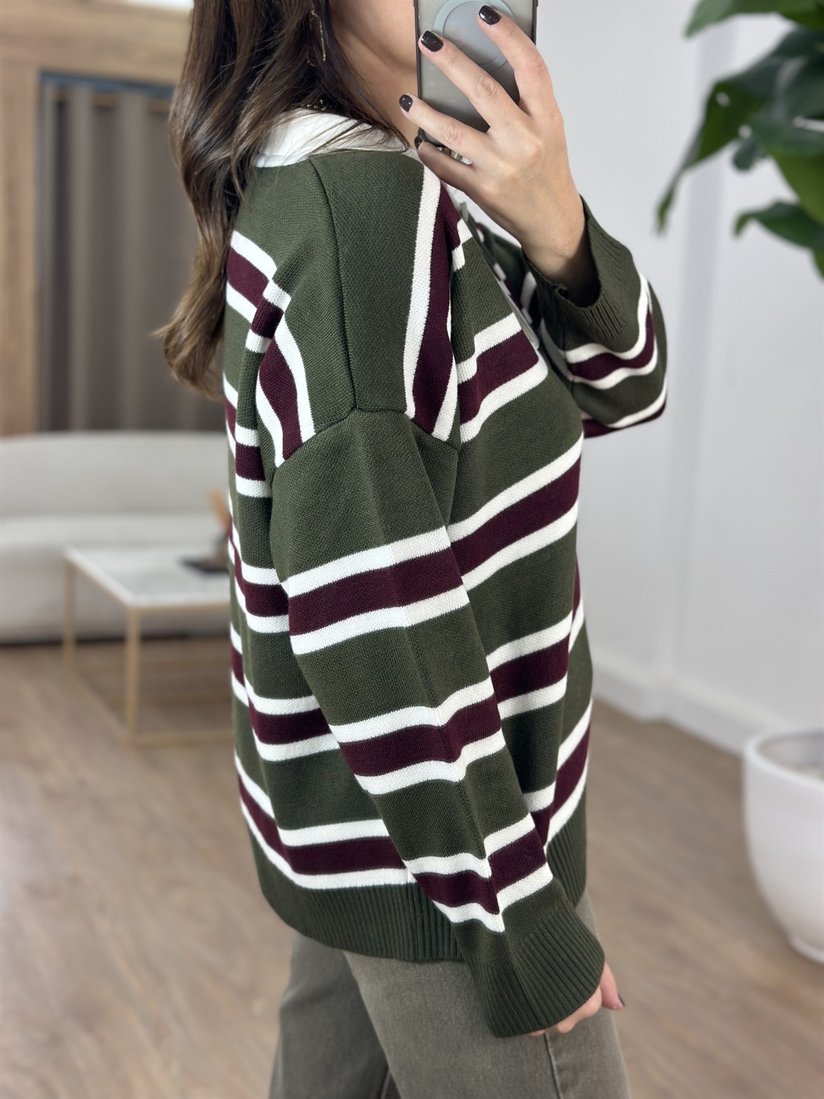 Polo Yaka Çizgili Triko Kazak - Haki