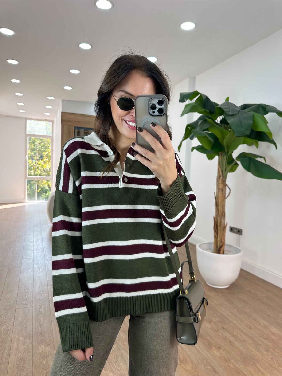 Polo Yaka Çizgili Triko Kazak - Haki