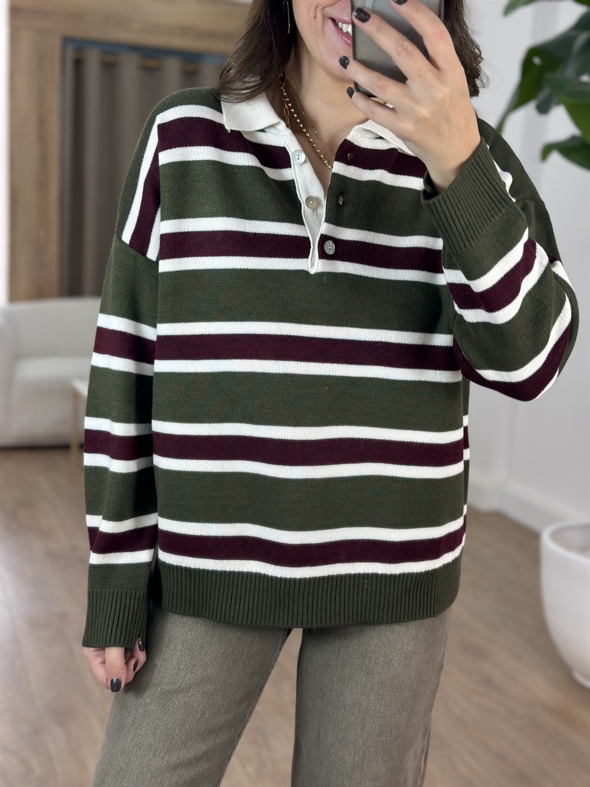 Polo Yaka Çizgili Triko Kazak - Haki