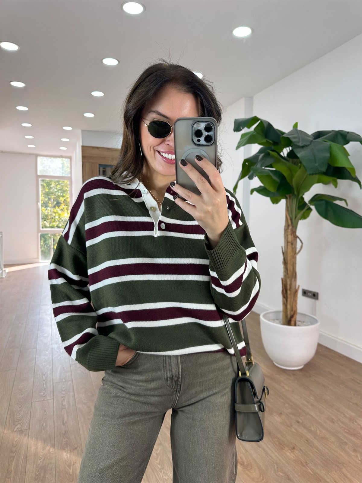 Polo Yaka Çizgili Triko Kazak - Haki