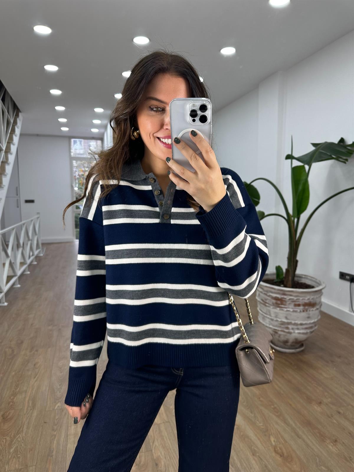 Polo Yaka Çizgili Triko Kazak - Lacivert