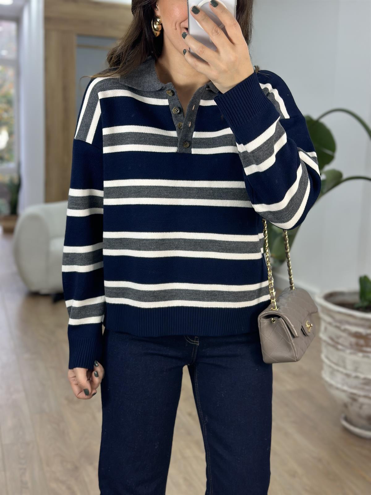 Polo Yaka Çizgili Triko Kazak - Lacivert