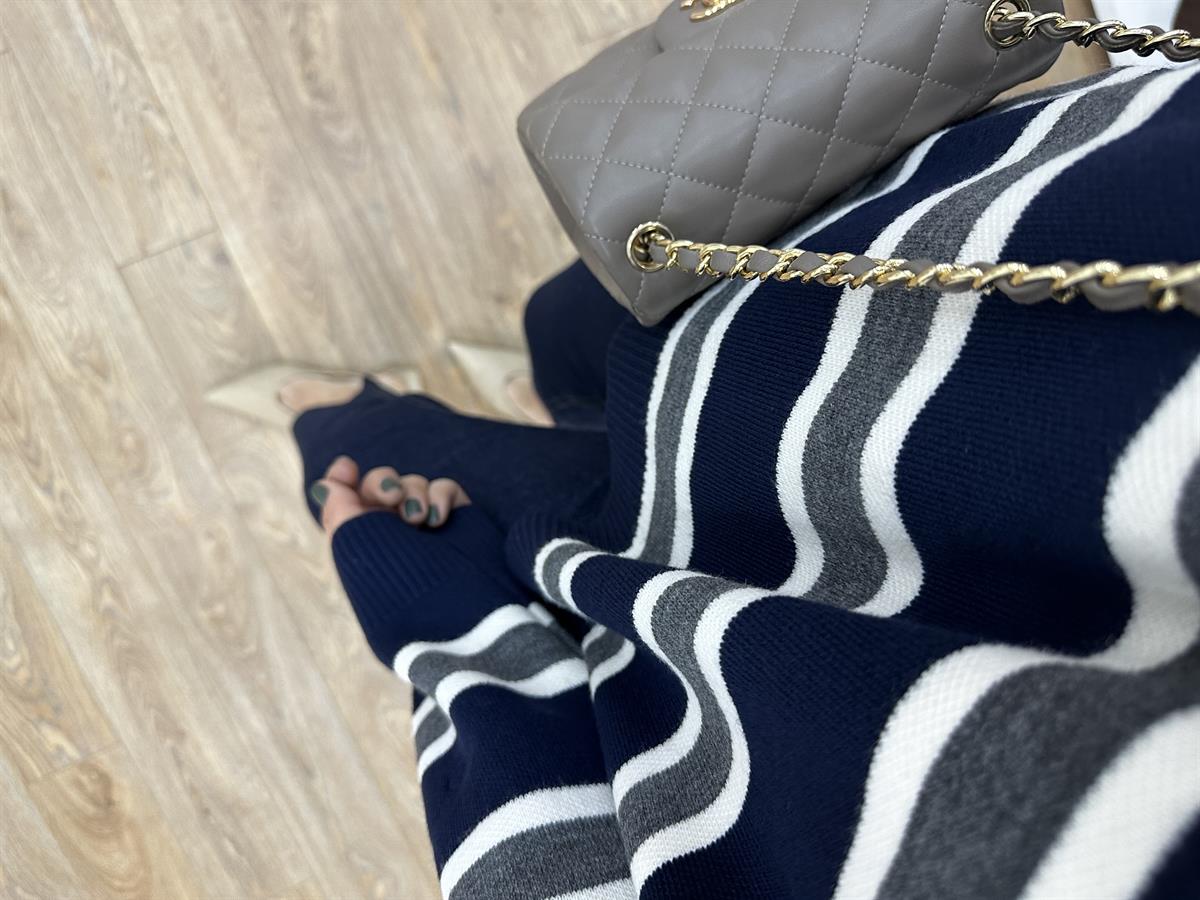 Polo Yaka Çizgili Triko Kazak - Lacivert