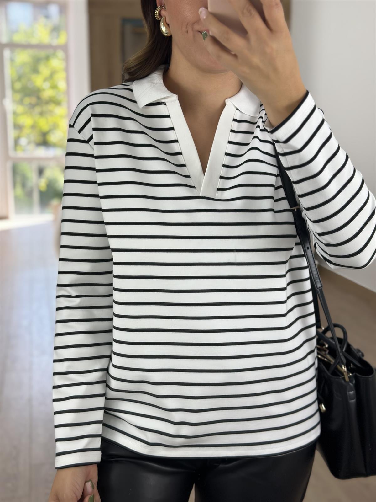 Polo Yaka Çizgilli Sweatshirt - Beyaz