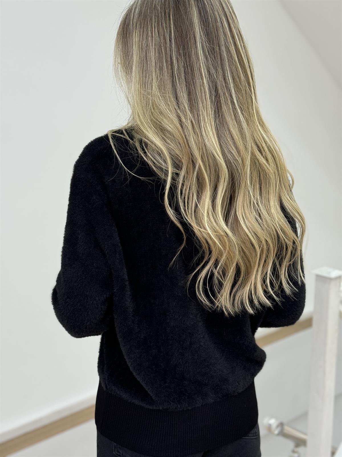 Polo Yaka Fermuar Detaylı Sakallı Triko Kazak - Siyah