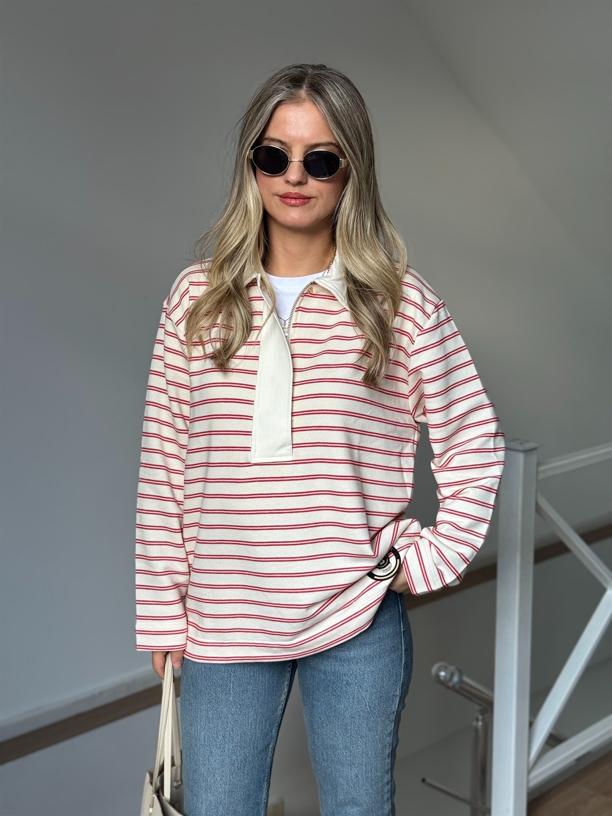 Polo Yaka Fermuarlı Çizgili Sweatshirt - Kırmızı