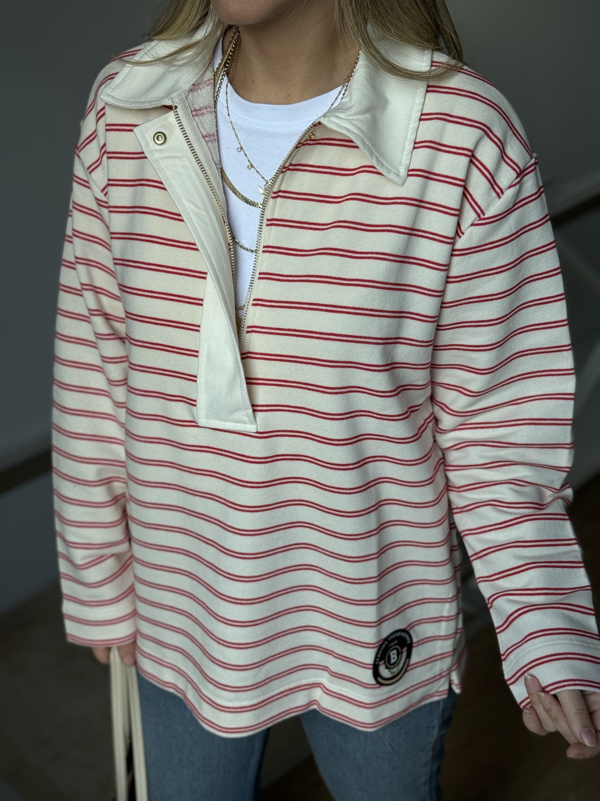 Polo Yaka Fermuarlı Çizgili Sweatshirt - Kırmızı