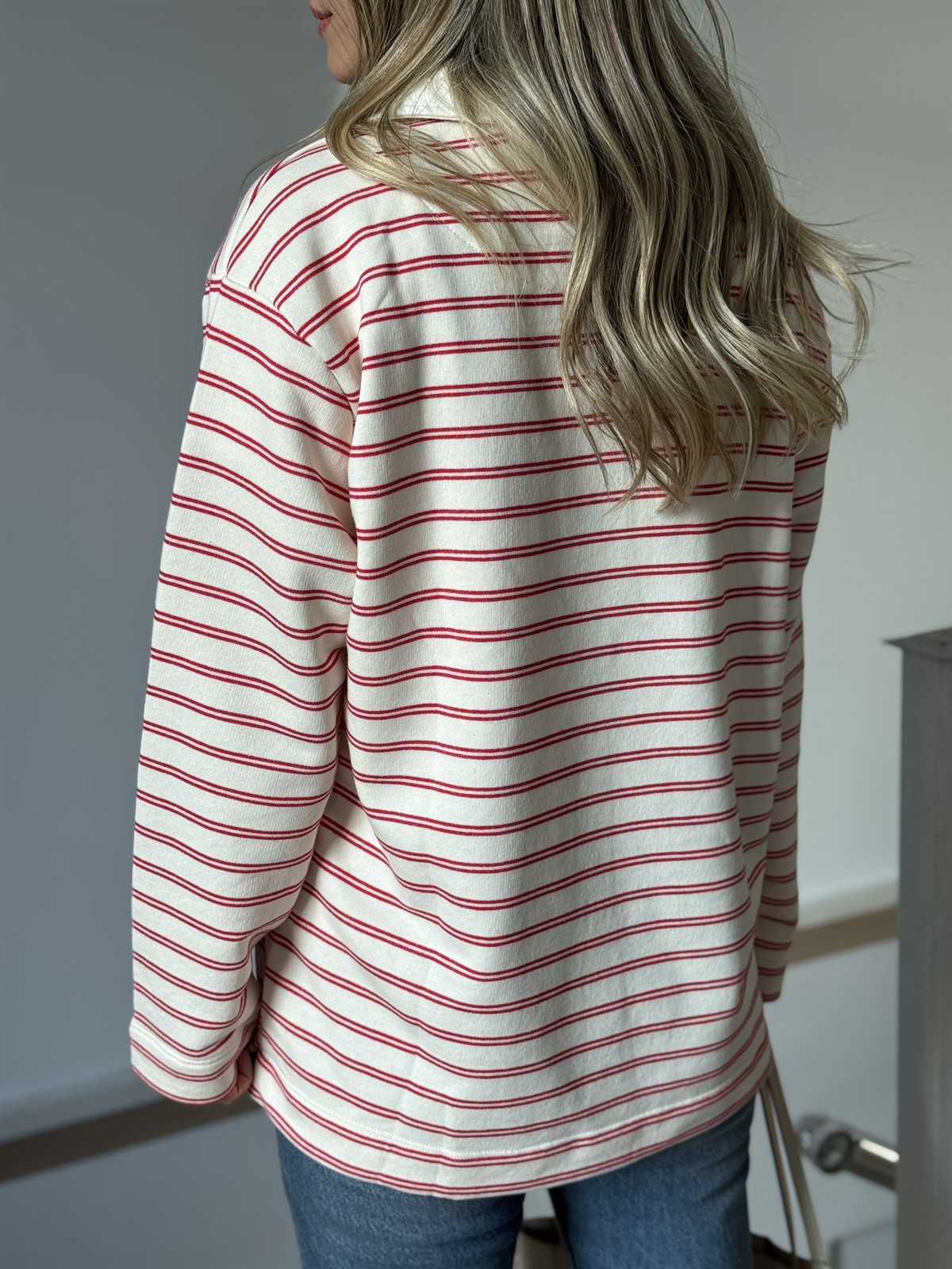 Polo Yaka Fermuarlı Çizgili Sweatshirt - Kırmızı