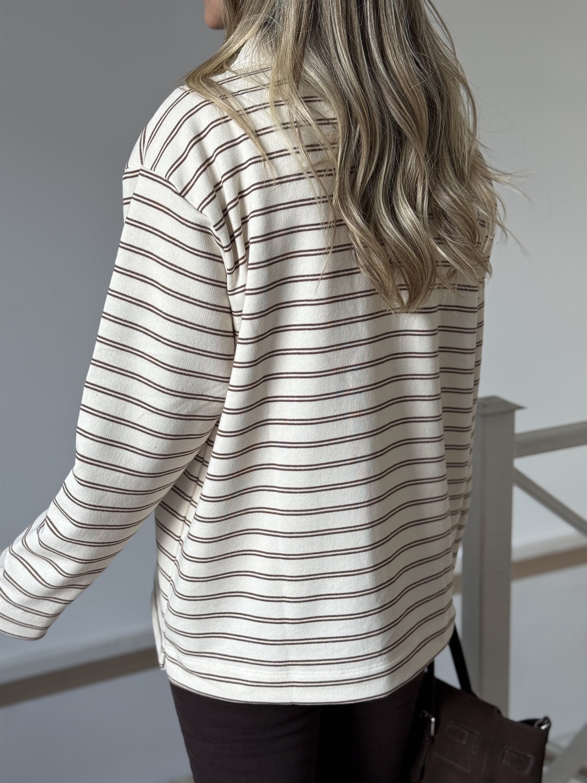 Polo Yaka Fermuarlı Çizgili Sweatshirt - Kahverengi