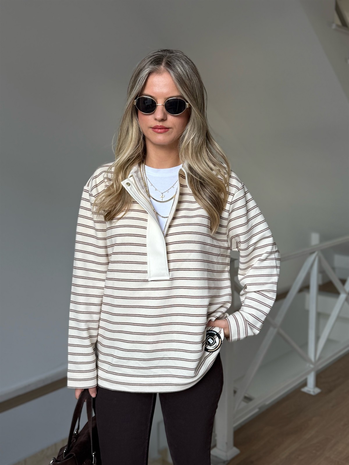 Polo Yaka Fermuarlı Çizgili Sweatshirt - Kahverengi