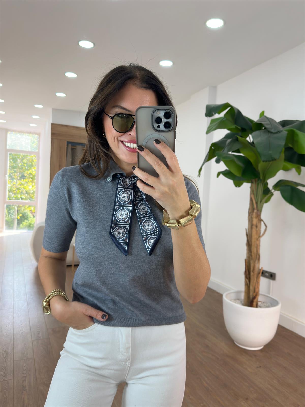 Polo Yaka Fularlı İnce Triko - Antrasit 