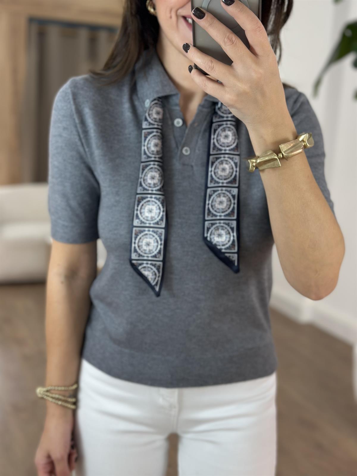 Polo Yaka Fularlı İnce Triko - Antrasit 