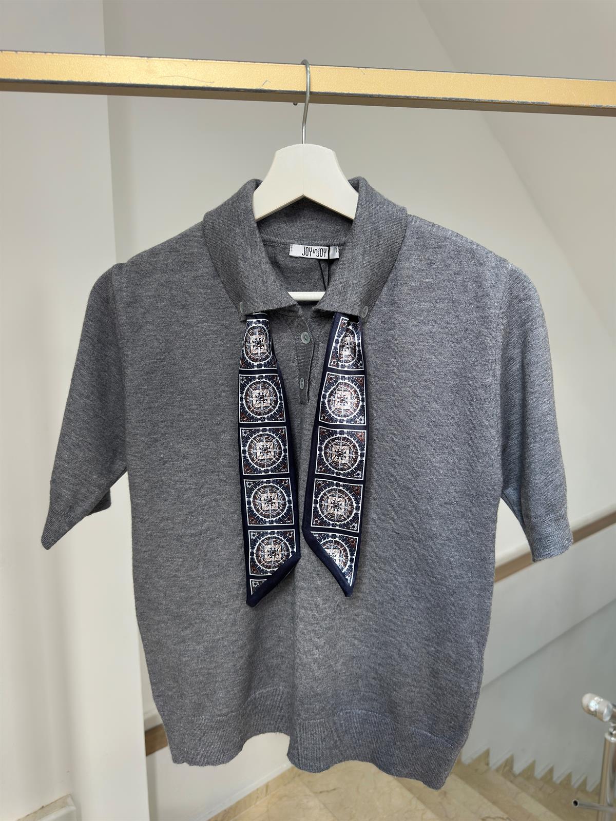 Polo Yaka Fularlı İnce Triko - Antrasit 