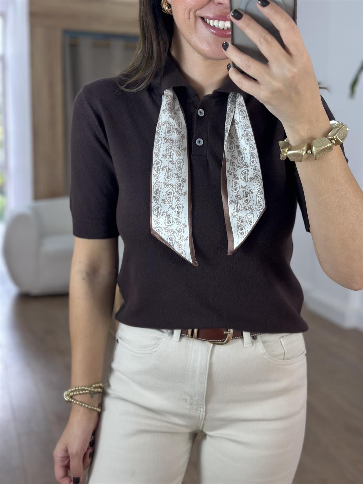 Polo Yaka Fularlı İnce Triko - Kahverengi