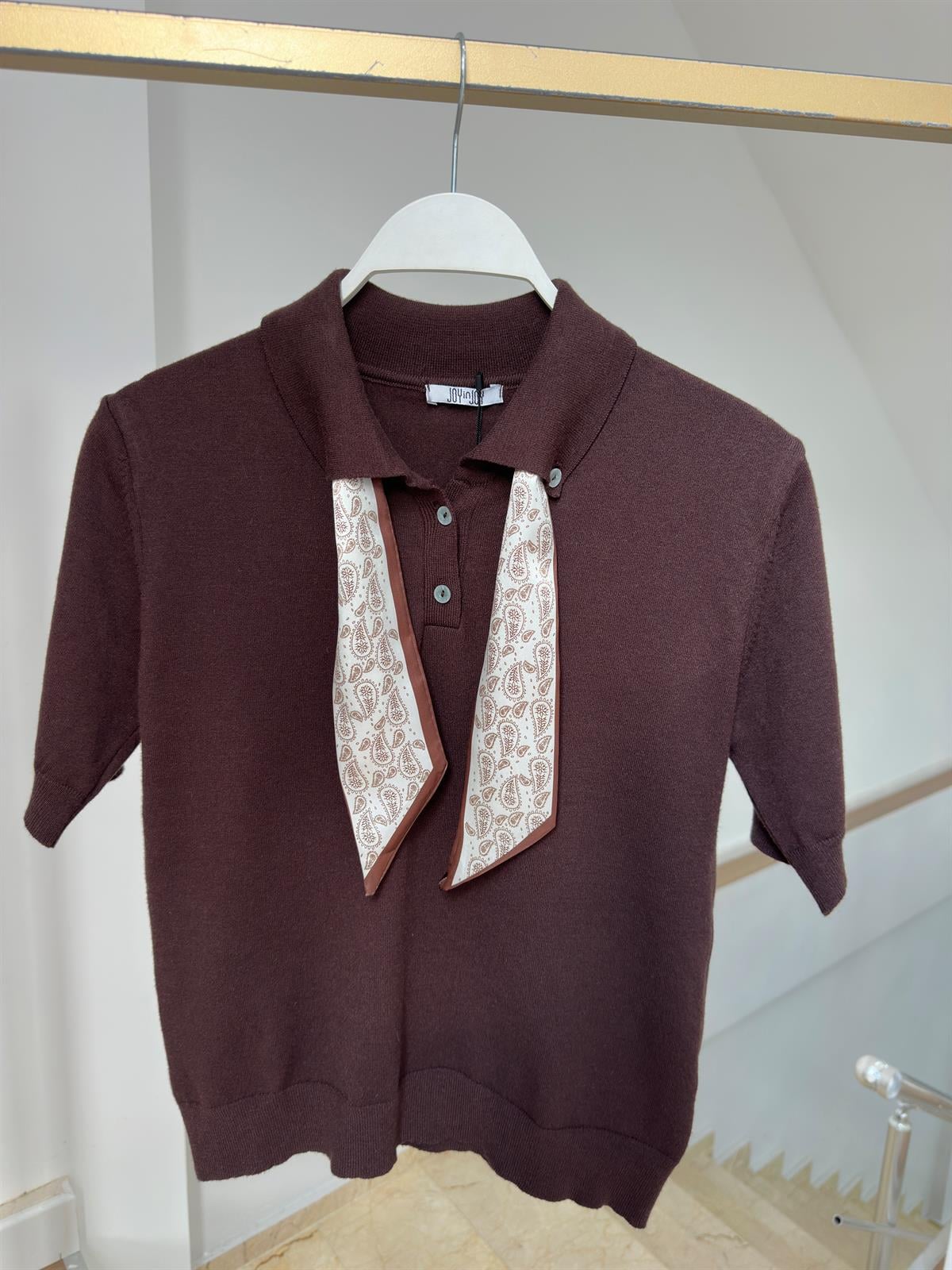 Polo Yaka Fularlı İnce Triko - Kahverengi