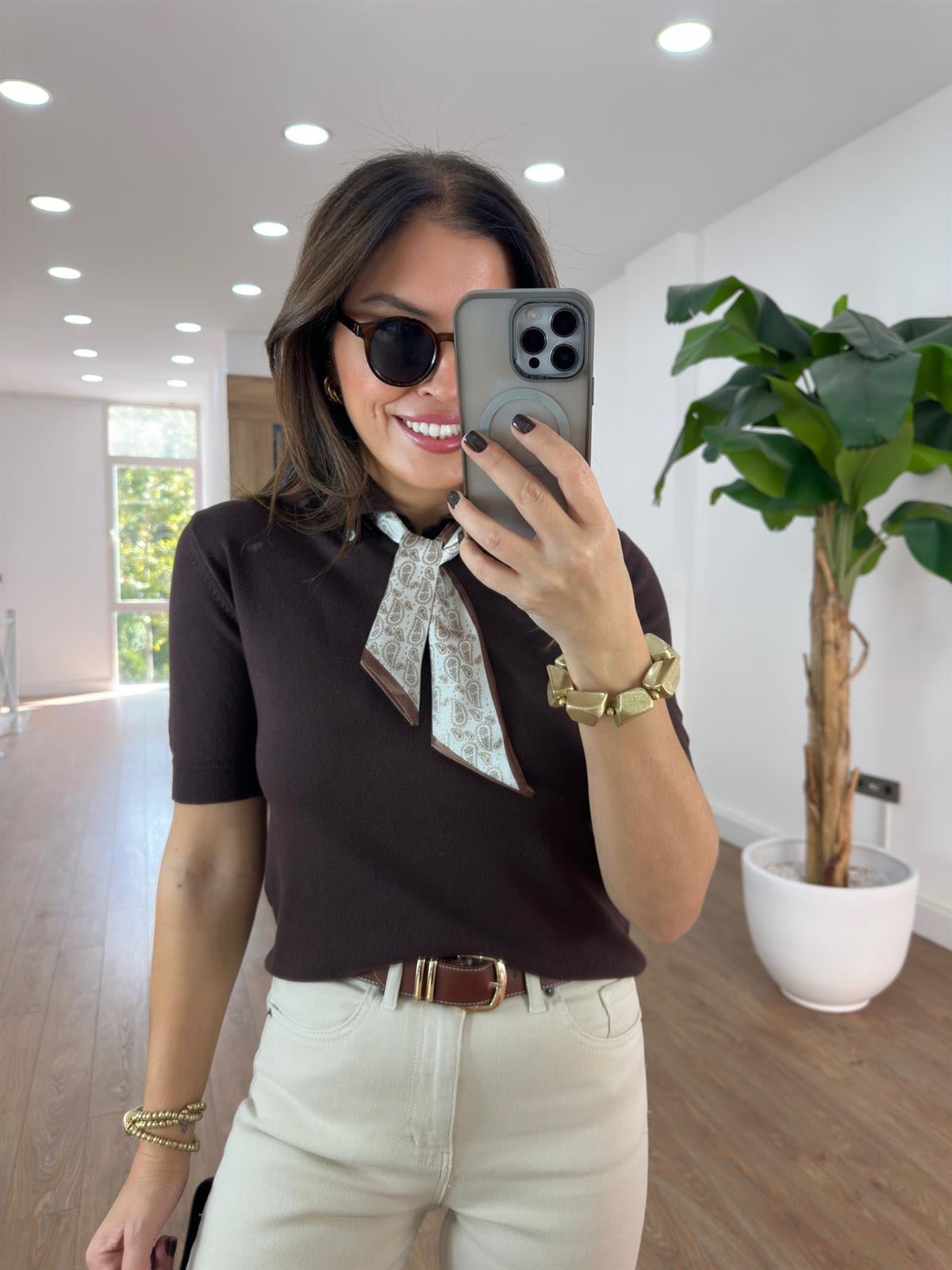 Polo Yaka Fularlı İnce Triko - Kahverengi