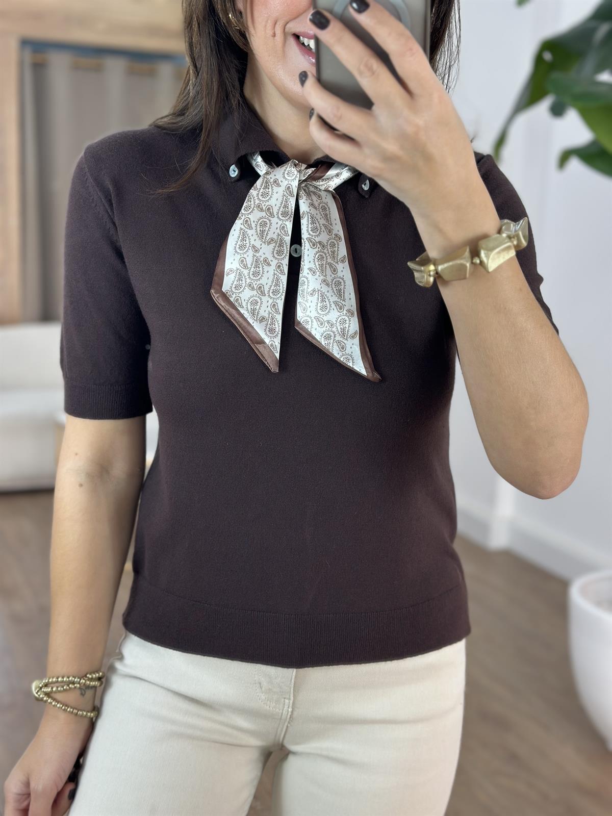 Polo Yaka Fularlı İnce Triko - Kahverengi