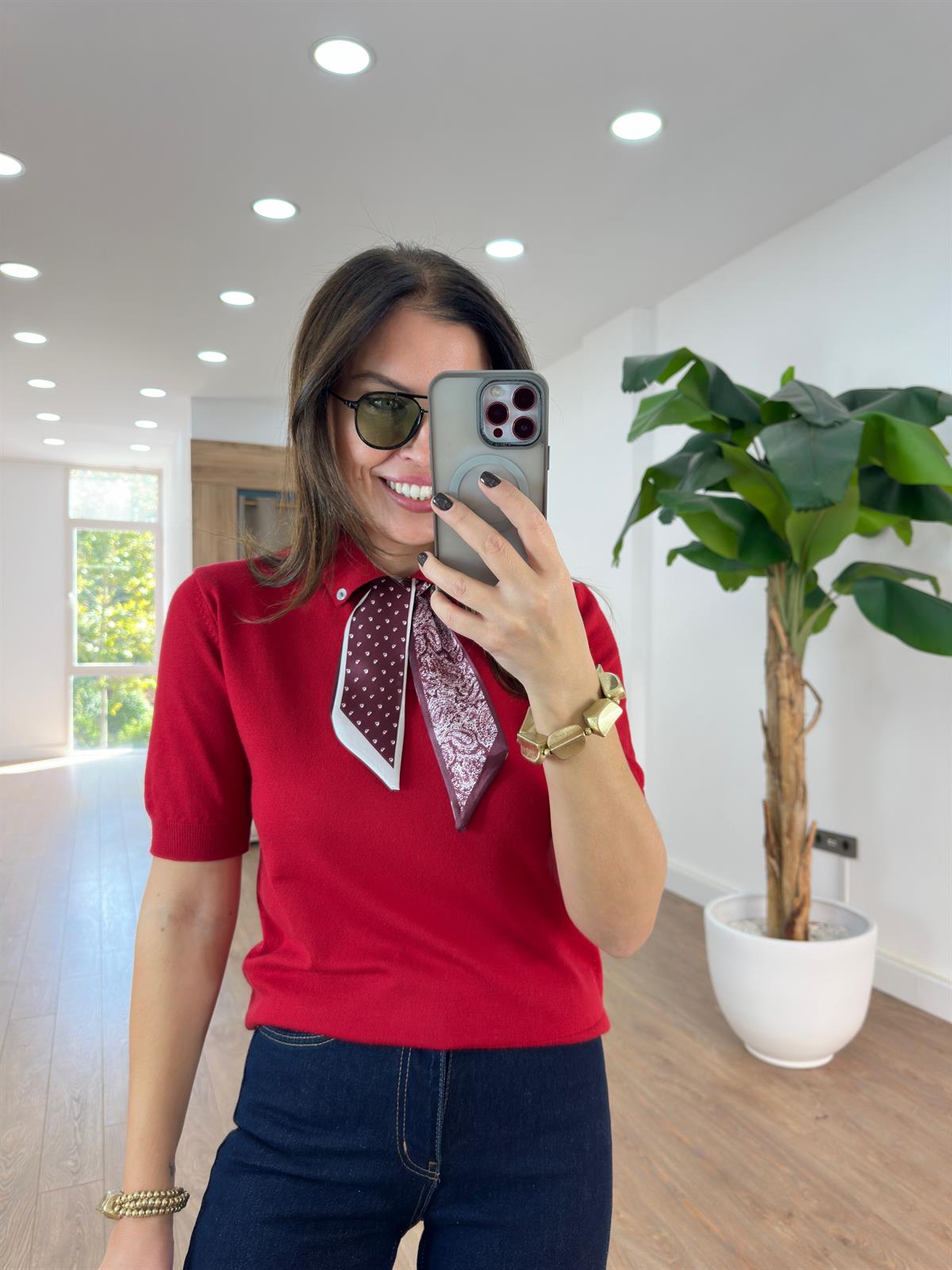 Polo Yaka Fularlı İnce Triko - Kırmızı