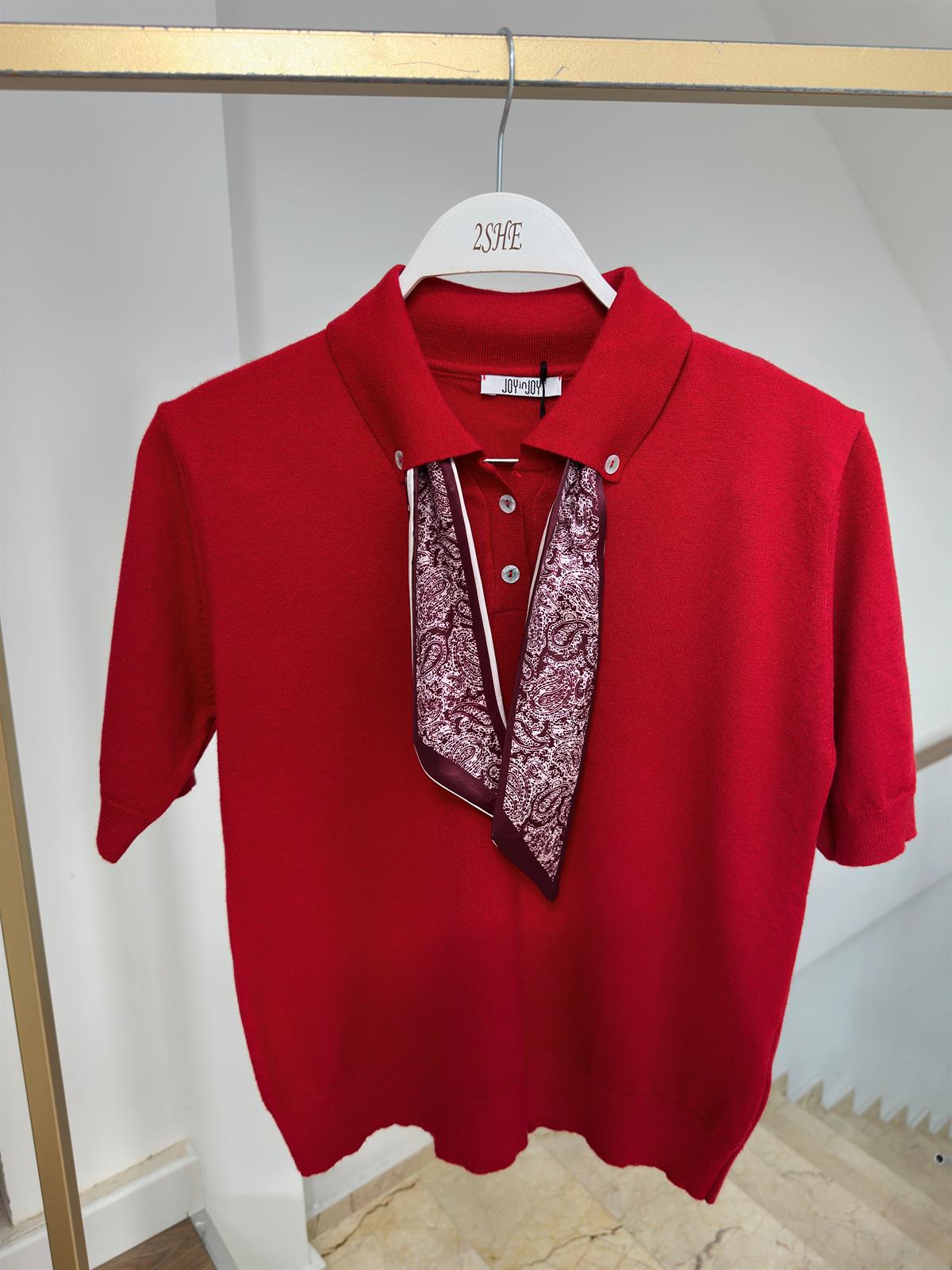 Polo Yaka Fularlı İnce Triko - Kırmızı