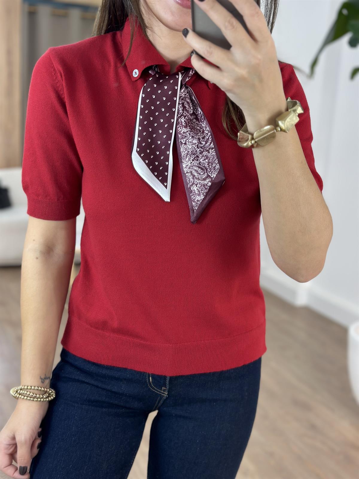 Polo Yaka Fularlı İnce Triko - Kırmızı