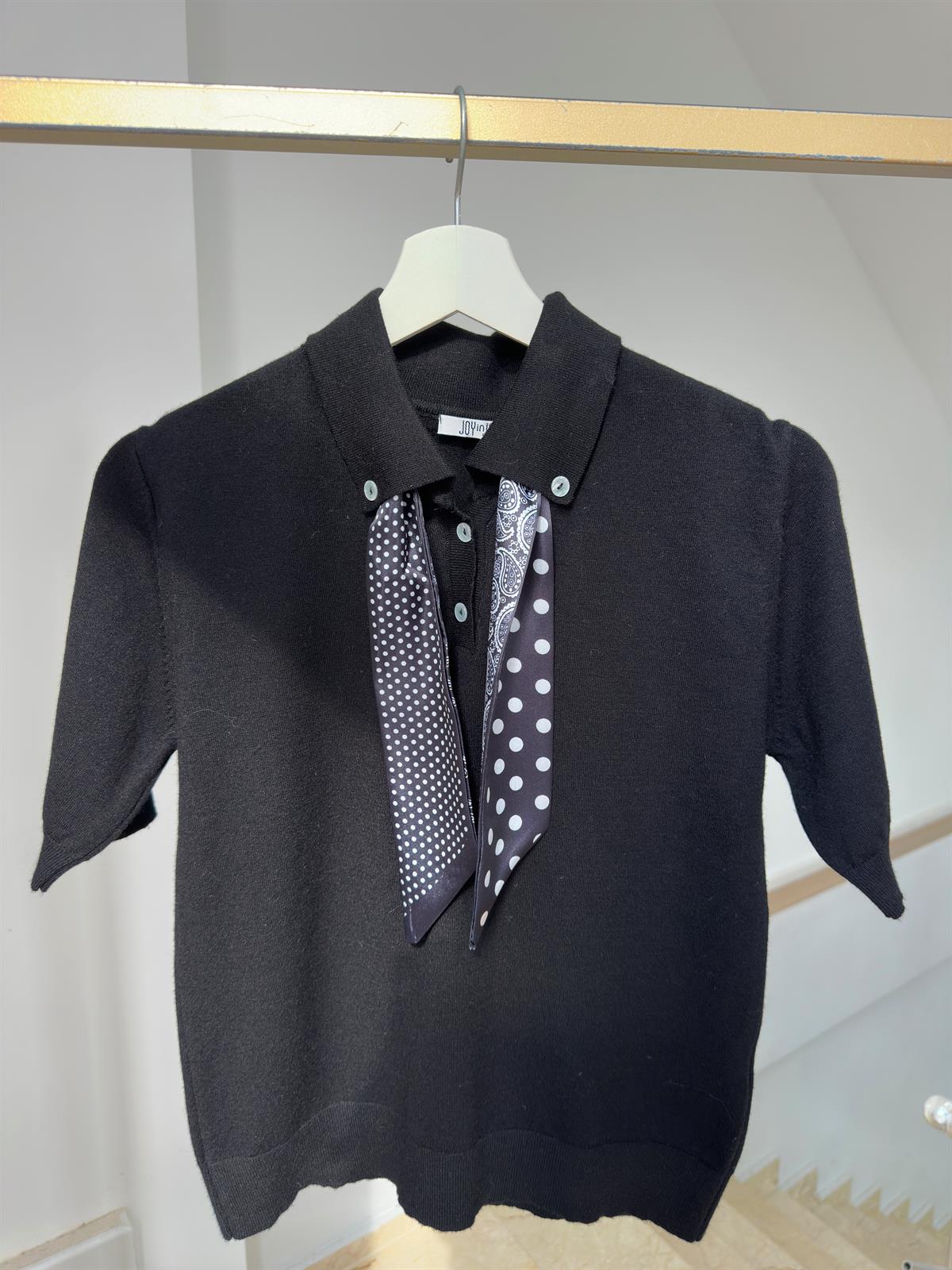 Polo Yaka Fularlı İnce Triko - Siyah