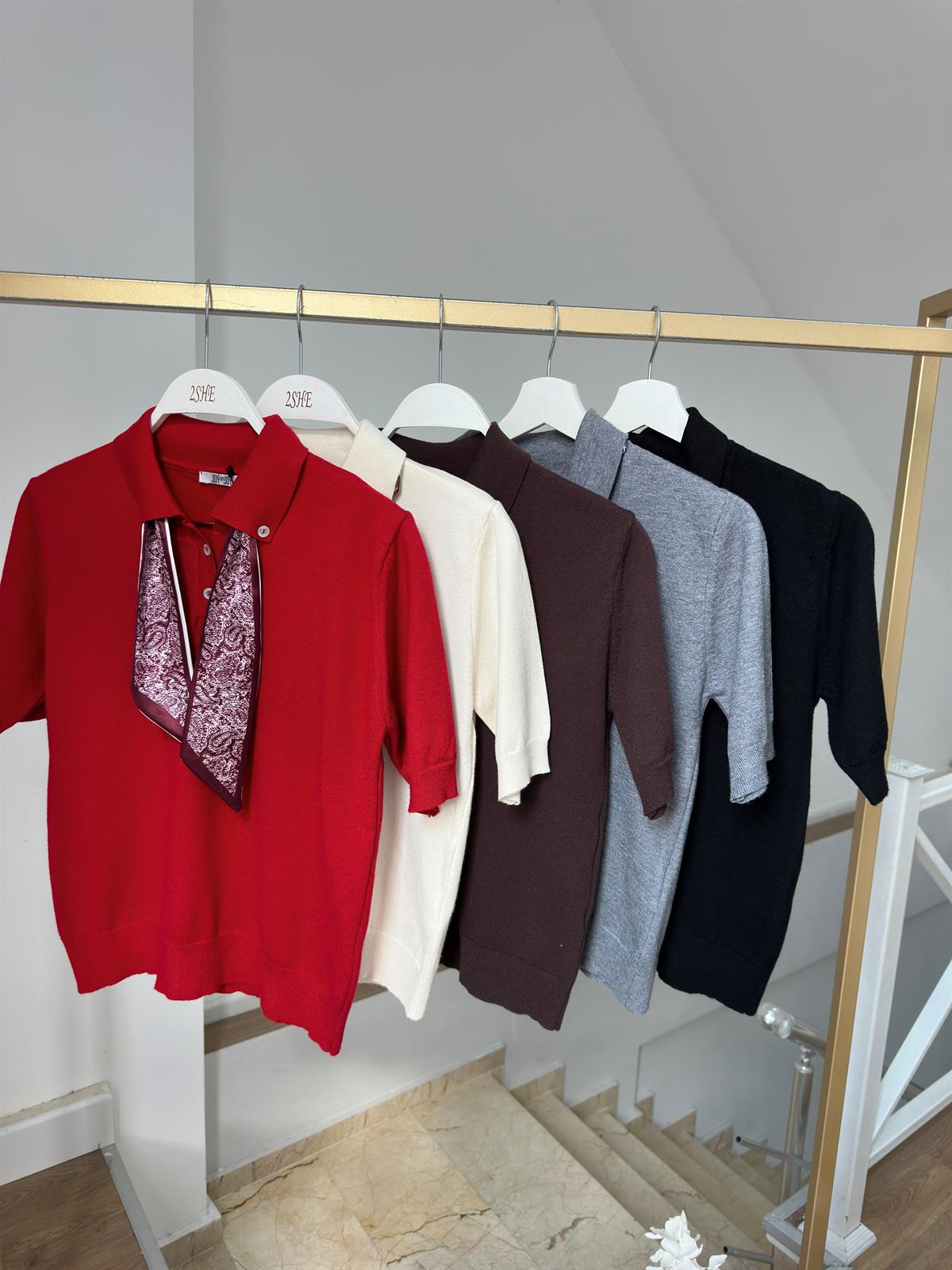 Polo Yaka Fularlı İnce Triko - Siyah