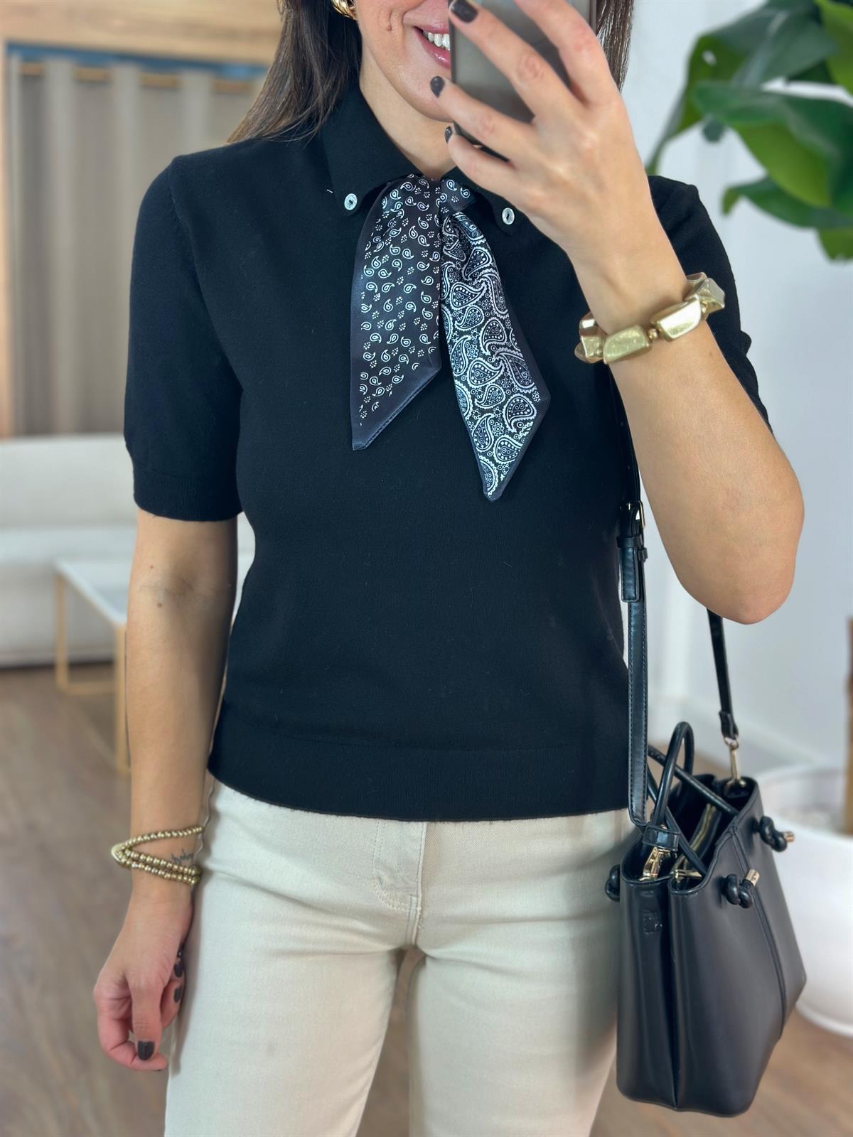 Polo Yaka Fularlı İnce Triko - Siyah