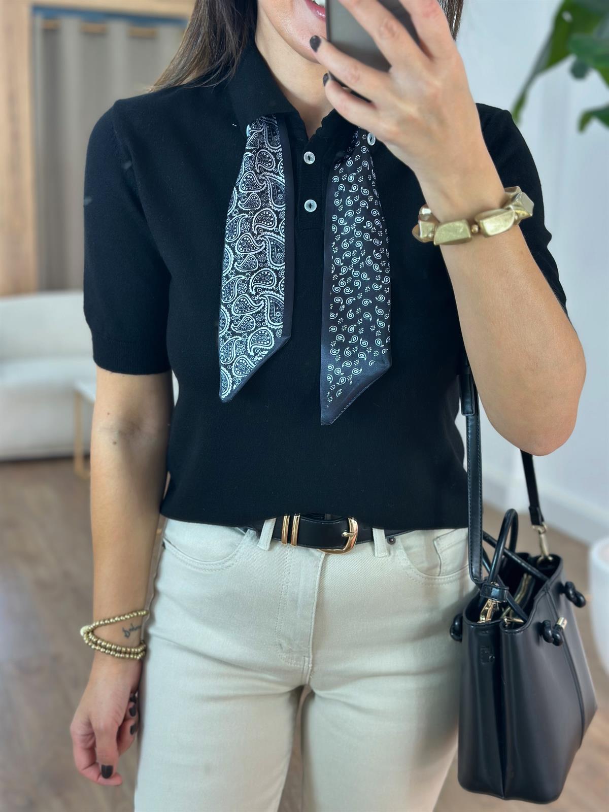 Polo Yaka Fularlı İnce Triko - Siyah