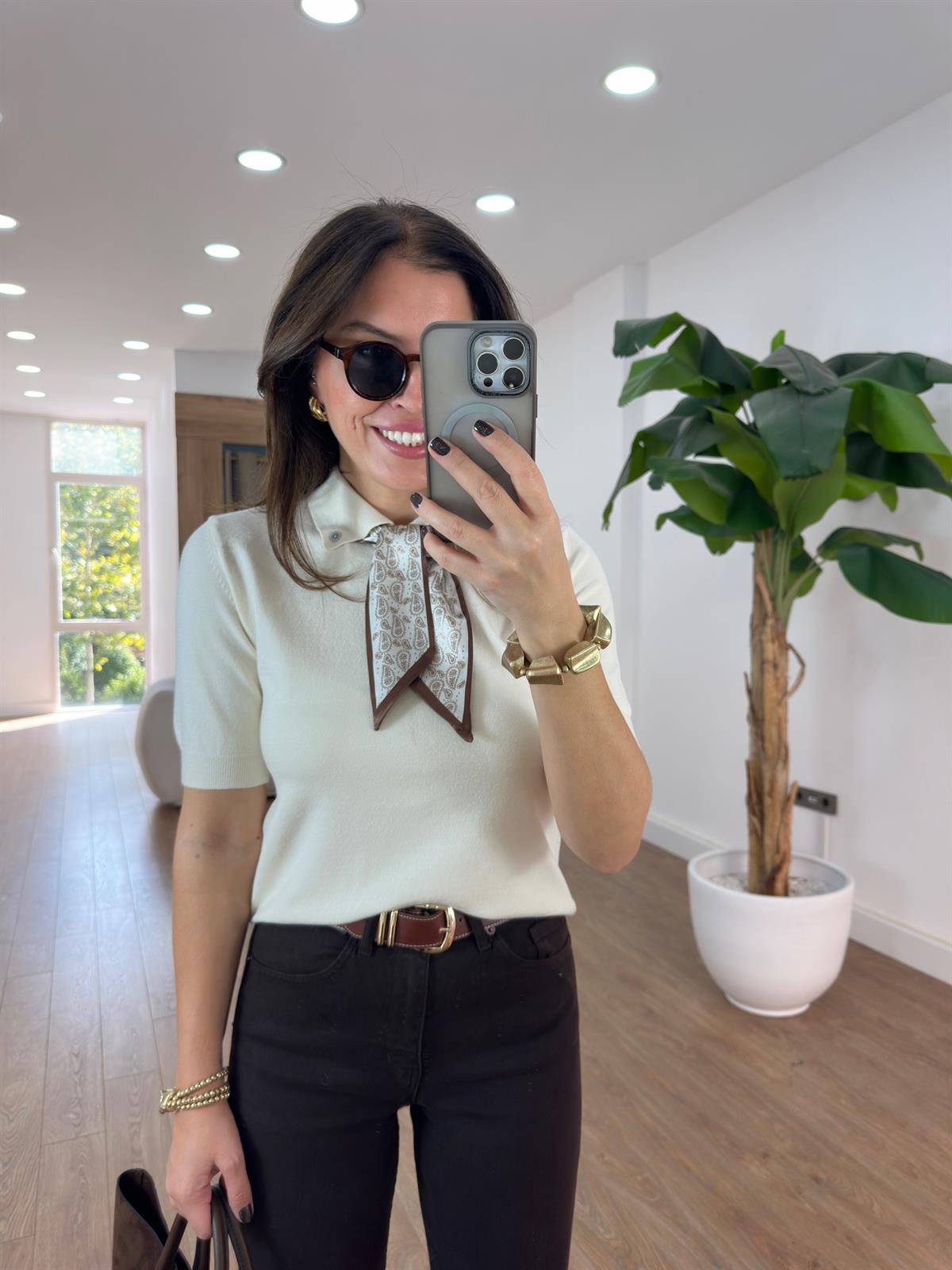 Polo Yaka Fularlı İnce Triko - Vanilya