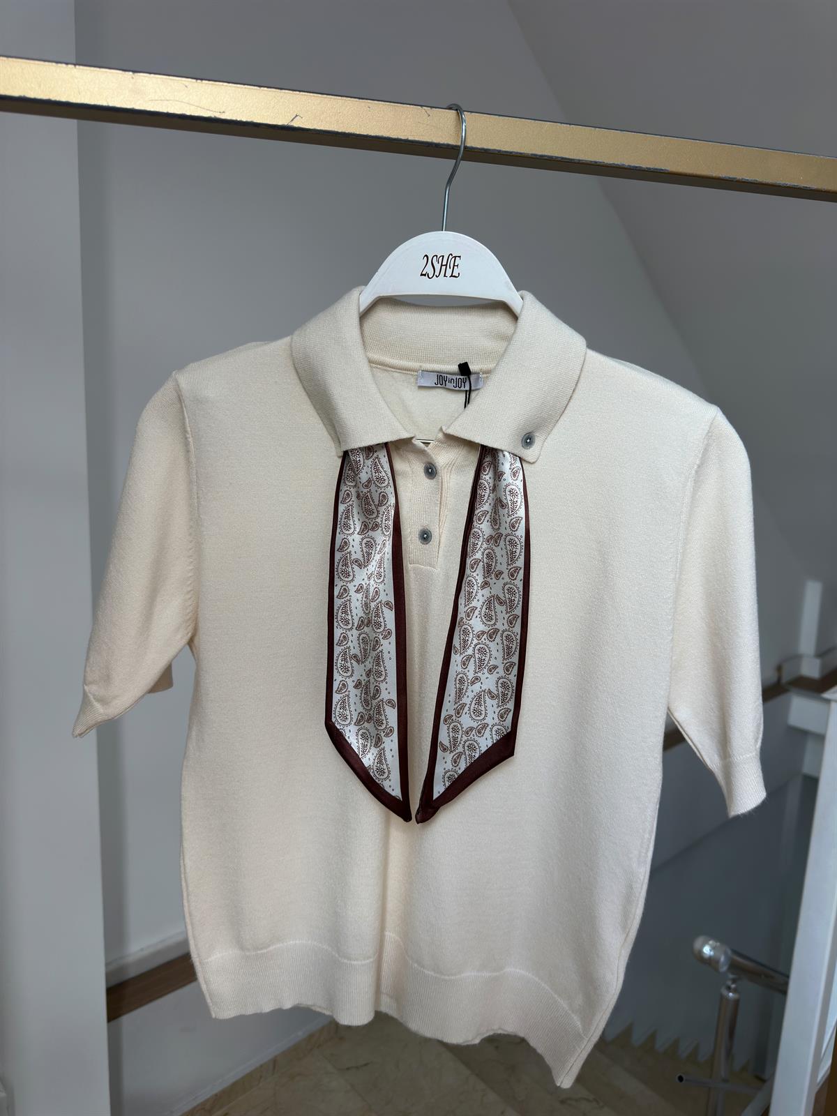 Polo Yaka Fularlı İnce Triko - Vanilya