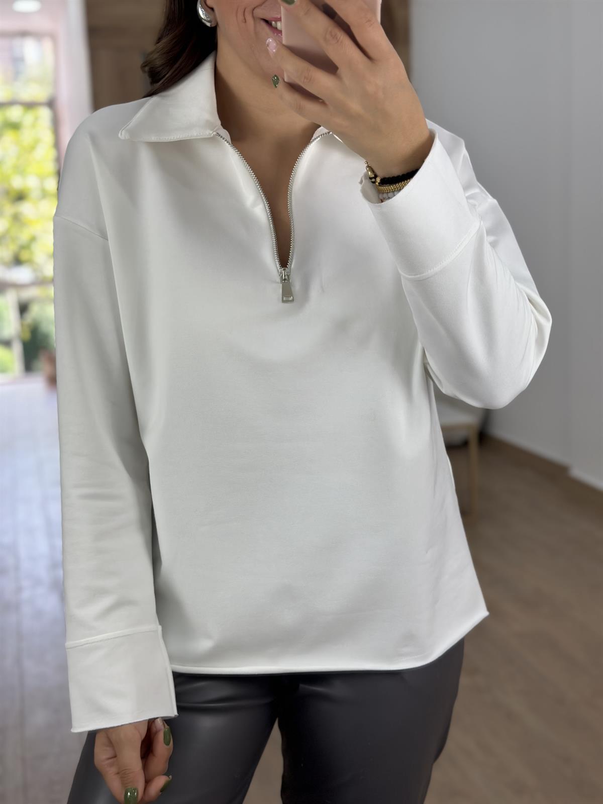 Polo Yaka İki İplik Sweatshirt-Ekru