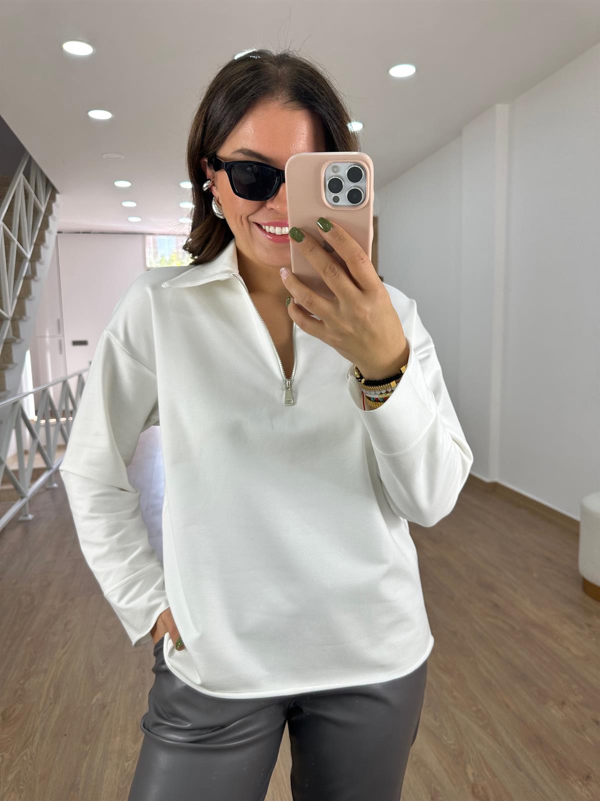 Polo Yaka İki İplik Sweatshirt-Ekru