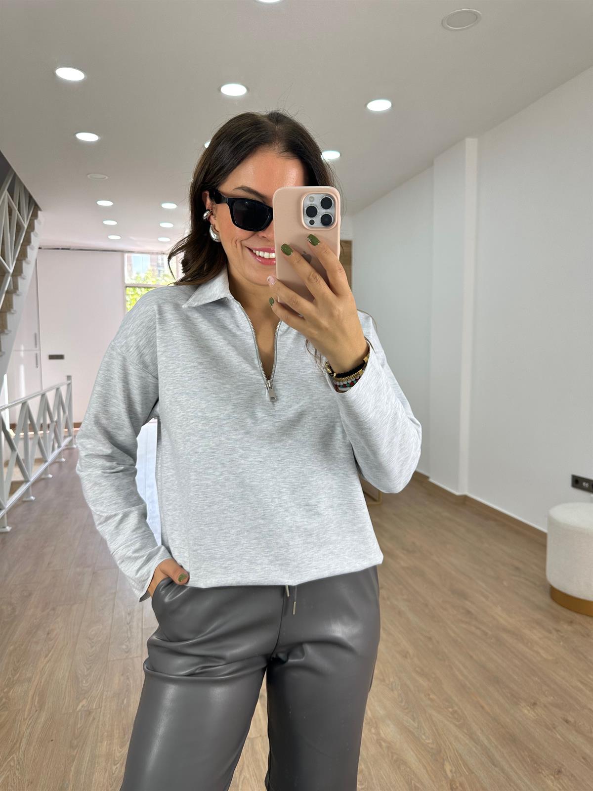 Polo Yaka İki İplik Sweatshirt-Gri