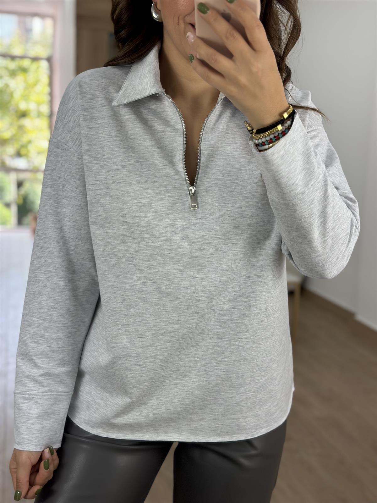 Polo Yaka İki İplik Sweatshirt-Gri