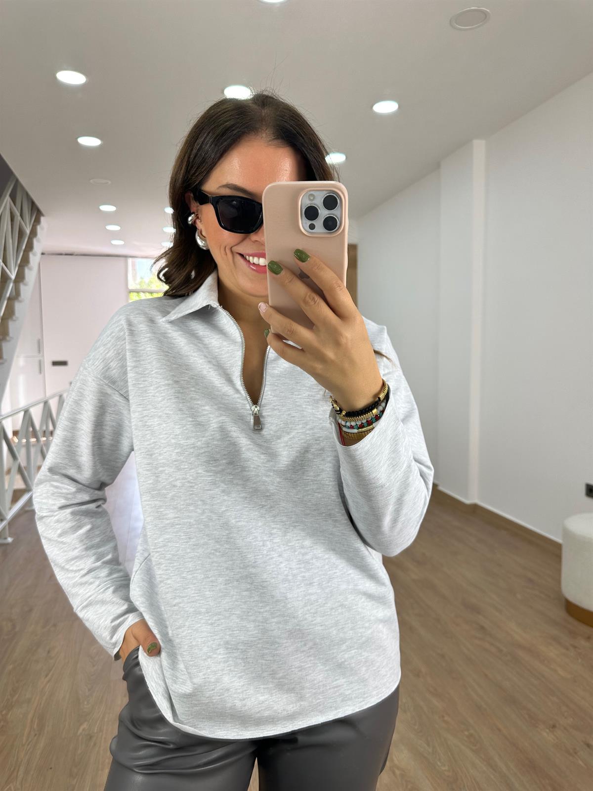 Polo Yaka İki İplik Sweatshirt-Gri