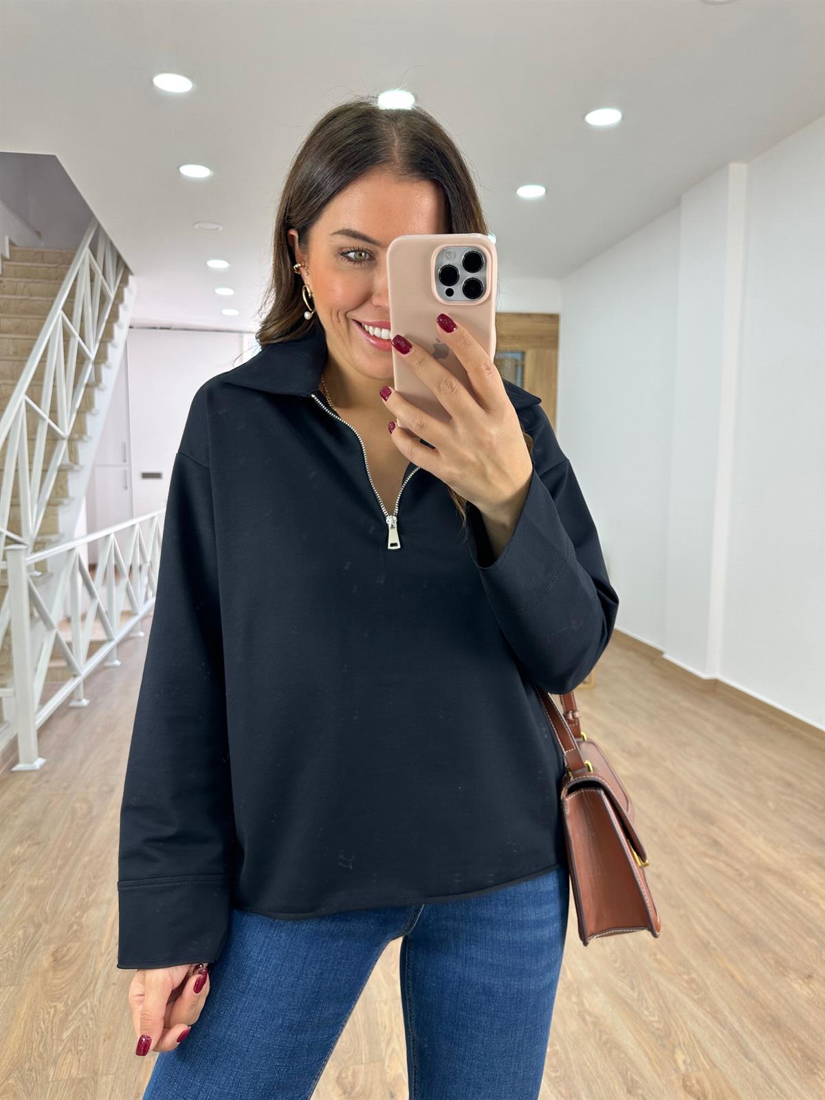 Polo Yaka İki İplik Sweatshirt-Lacivert